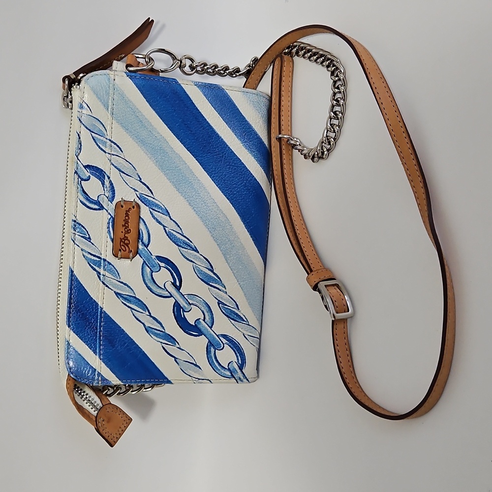 Brighton CRUZ Chain Strap Cross Body Pouch Purse Nautical Leather Blue White